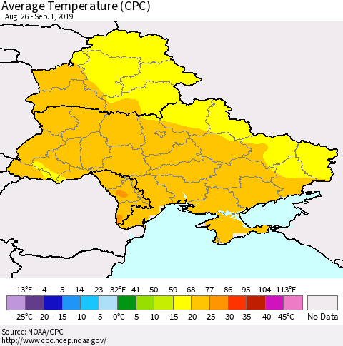 Ukraine, Moldova and Belarus Average Temperature (CPC) Thematic Map For 8/26/2019 - 9/1/2019