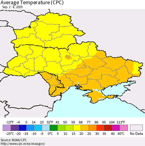 Ukraine, Moldova and Belarus Average Temperature (CPC) Thematic Map For 9/2/2019 - 9/8/2019