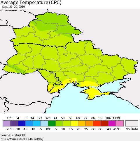 Ukraine, Moldova and Belarus Average Temperature (CPC) Thematic Map For 9/16/2019 - 9/22/2019