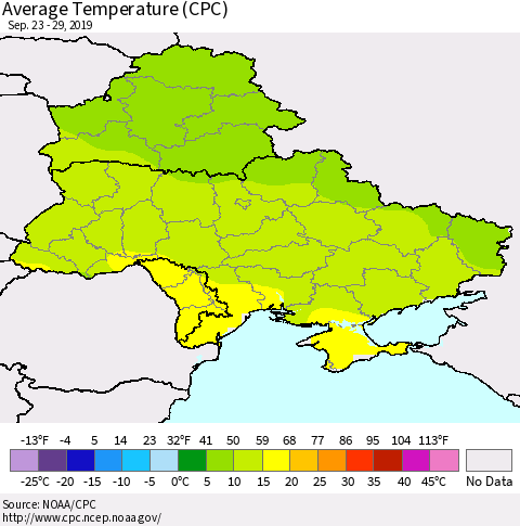 Ukraine, Moldova and Belarus Average Temperature (CPC) Thematic Map For 9/23/2019 - 9/29/2019
