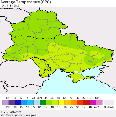 Ukraine, Moldova and Belarus Average Temperature (CPC) Thematic Map For 10/7/2019 - 10/13/2019