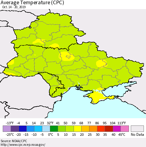 Ukraine, Moldova and Belarus Average Temperature (CPC) Thematic Map For 10/14/2019 - 10/20/2019