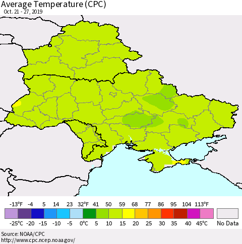 Ukraine, Moldova and Belarus Average Temperature (CPC) Thematic Map For 10/21/2019 - 10/27/2019