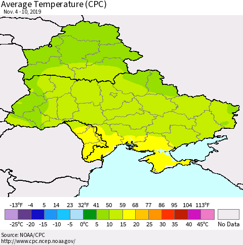 Ukraine, Moldova and Belarus Average Temperature (CPC) Thematic Map For 11/4/2019 - 11/10/2019