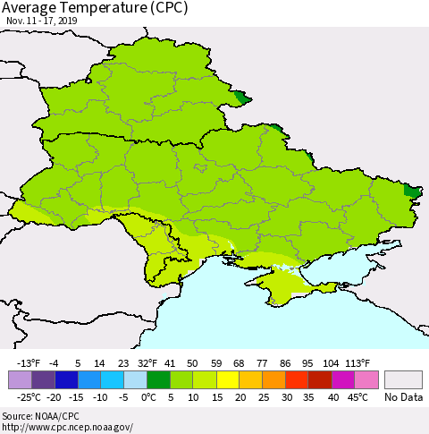 Ukraine, Moldova and Belarus Average Temperature (CPC) Thematic Map For 11/11/2019 - 11/17/2019