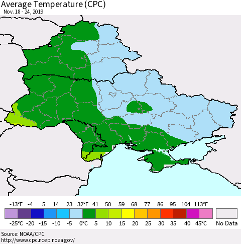 Ukraine, Moldova and Belarus Average Temperature (CPC) Thematic Map For 11/18/2019 - 11/24/2019