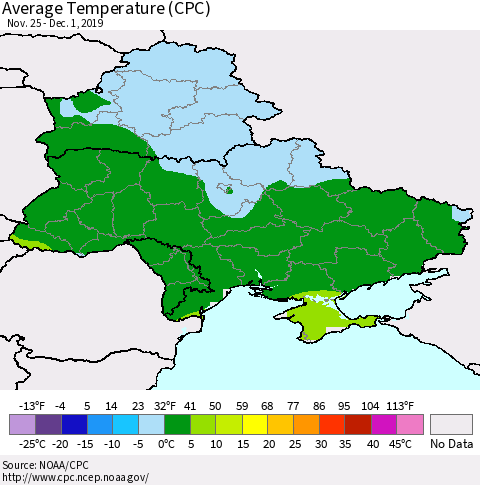 Ukraine, Moldova and Belarus Average Temperature (CPC) Thematic Map For 11/25/2019 - 12/1/2019