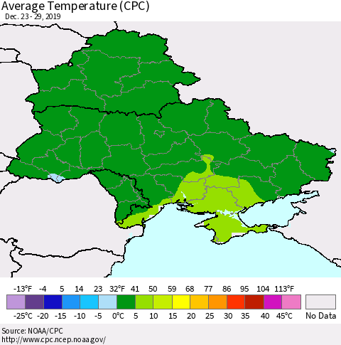 Ukraine, Moldova and Belarus Average Temperature (CPC) Thematic Map For 12/23/2019 - 12/29/2019