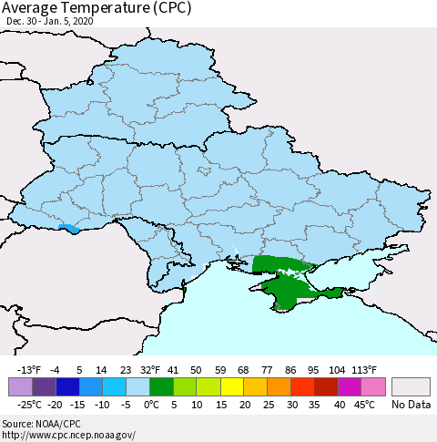 Ukraine, Moldova and Belarus Average Temperature (CPC) Thematic Map For 12/30/2019 - 1/5/2020