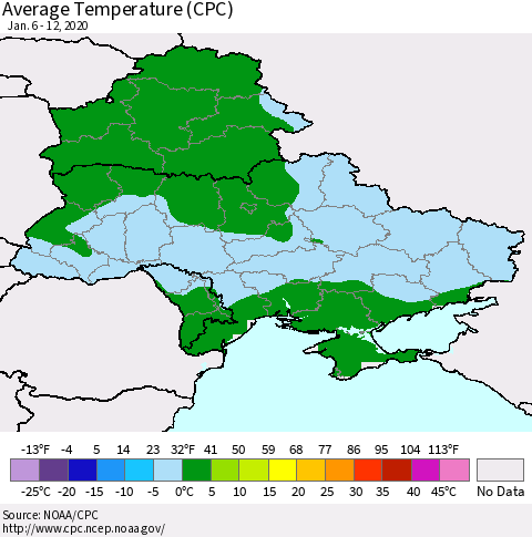 Ukraine, Moldova and Belarus Average Temperature (CPC) Thematic Map For 1/6/2020 - 1/12/2020