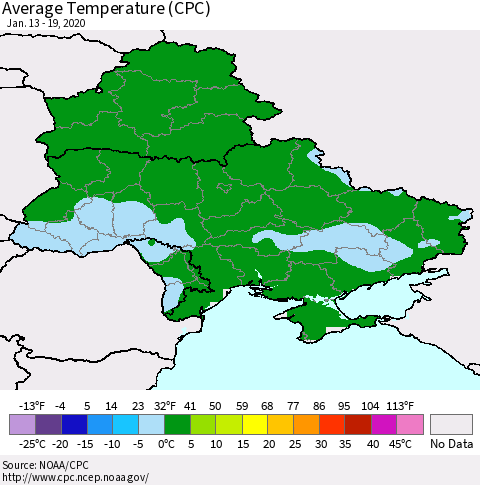Ukraine, Moldova and Belarus Average Temperature (CPC) Thematic Map For 1/13/2020 - 1/19/2020