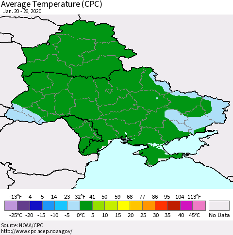 Ukraine, Moldova and Belarus Average Temperature (CPC) Thematic Map For 1/20/2020 - 1/26/2020