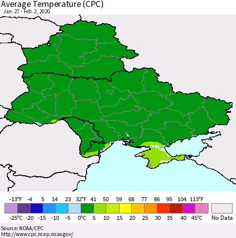 Ukraine, Moldova and Belarus Average Temperature (CPC) Thematic Map For 1/27/2020 - 2/2/2020