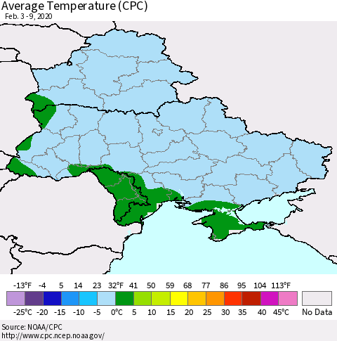 Ukraine, Moldova and Belarus Average Temperature (CPC) Thematic Map For 2/3/2020 - 2/9/2020