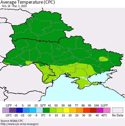 Ukraine, Moldova and Belarus Average Temperature (CPC) Thematic Map For 2/24/2020 - 3/1/2020