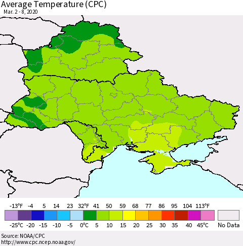 Ukraine, Moldova and Belarus Average Temperature (CPC) Thematic Map For 3/2/2020 - 3/8/2020