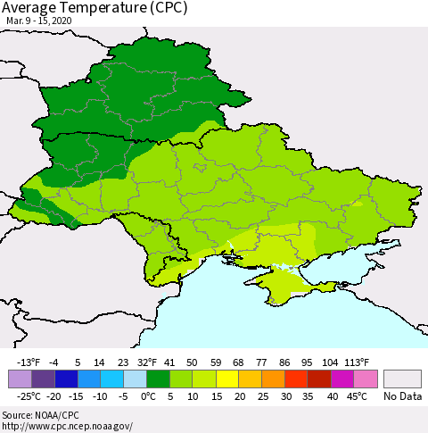 Ukraine, Moldova and Belarus Average Temperature (CPC) Thematic Map For 3/9/2020 - 3/15/2020