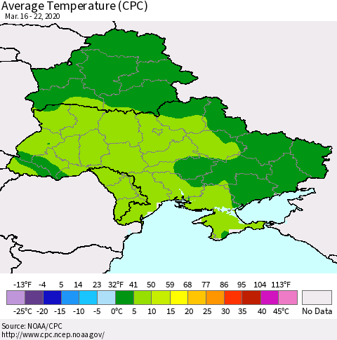 Ukraine, Moldova and Belarus Average Temperature (CPC) Thematic Map For 3/16/2020 - 3/22/2020