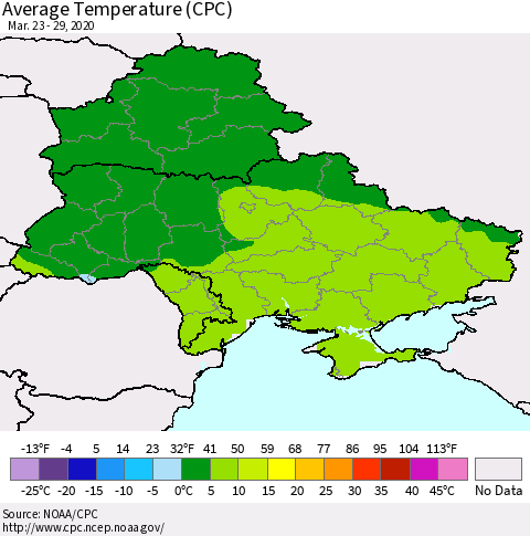 Ukraine, Moldova and Belarus Average Temperature (CPC) Thematic Map For 3/23/2020 - 3/29/2020