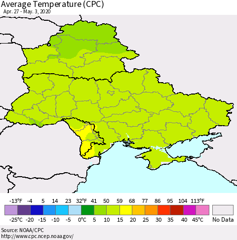 Ukraine, Moldova and Belarus Average Temperature (CPC) Thematic Map For 4/27/2020 - 5/3/2020