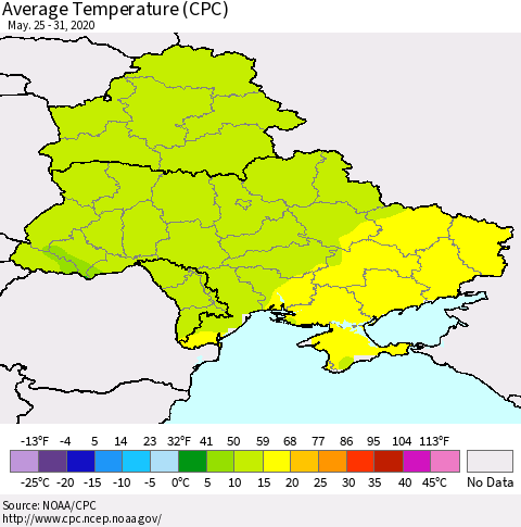 Ukraine, Moldova and Belarus Average Temperature (CPC) Thematic Map For 5/25/2020 - 5/31/2020