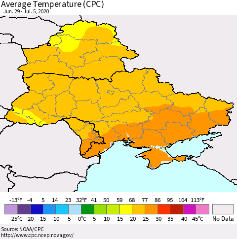 Ukraine, Moldova and Belarus Average Temperature (CPC) Thematic Map For 6/29/2020 - 7/5/2020
