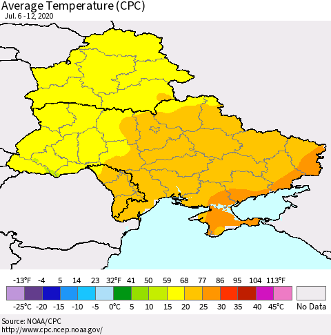 Ukraine, Moldova and Belarus Average Temperature (CPC) Thematic Map For 7/6/2020 - 7/12/2020