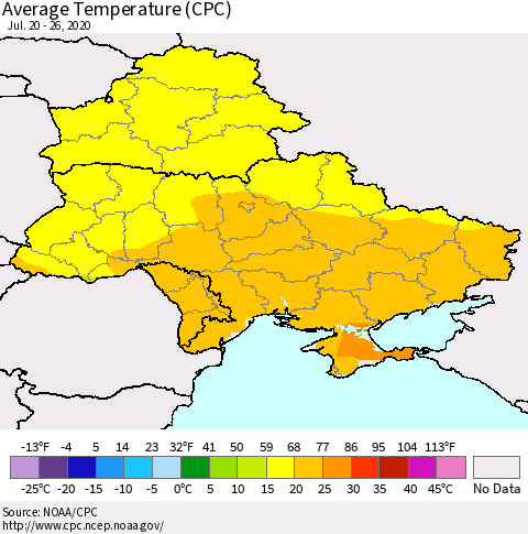 Ukraine, Moldova and Belarus Average Temperature (CPC) Thematic Map For 7/20/2020 - 7/26/2020