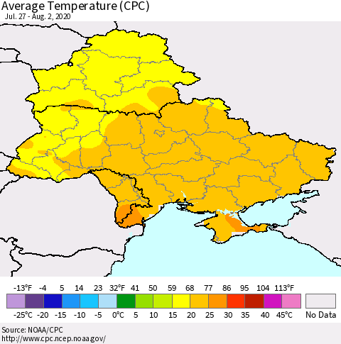 Ukraine, Moldova and Belarus Average Temperature (CPC) Thematic Map For 7/27/2020 - 8/2/2020