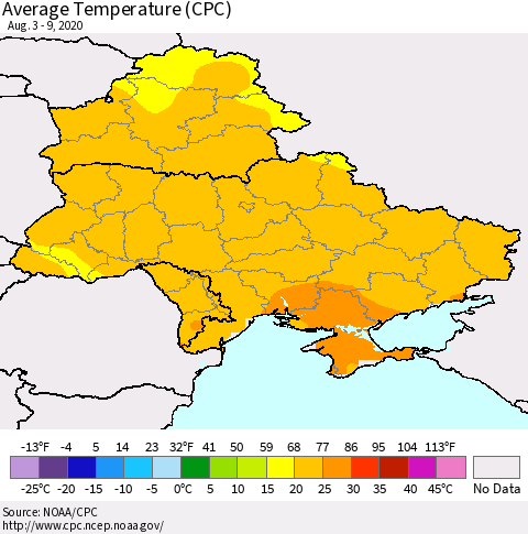 Ukraine, Moldova and Belarus Average Temperature (CPC) Thematic Map For 8/3/2020 - 8/9/2020