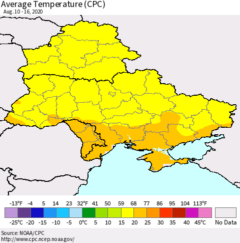 Ukraine, Moldova and Belarus Average Temperature (CPC) Thematic Map For 8/10/2020 - 8/16/2020