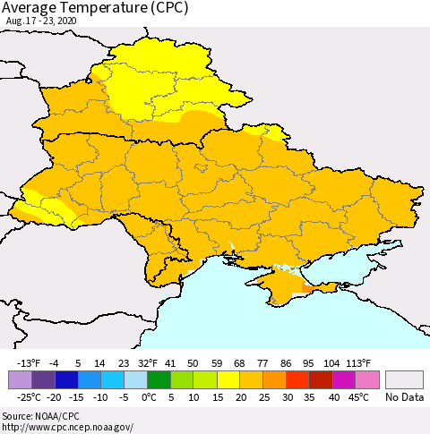 Ukraine, Moldova and Belarus Average Temperature (CPC) Thematic Map For 8/17/2020 - 8/23/2020