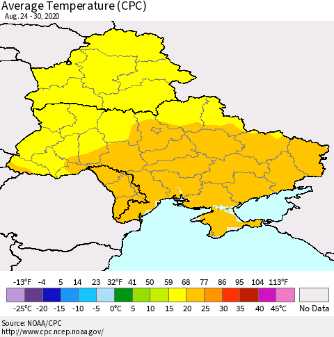 Ukraine, Moldova and Belarus Average Temperature (CPC) Thematic Map For 8/24/2020 - 8/30/2020