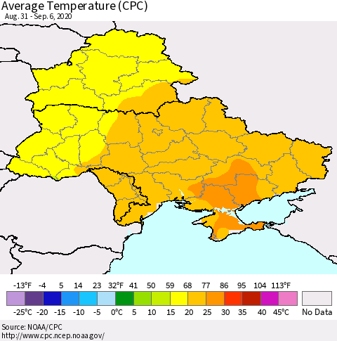 Ukraine, Moldova and Belarus Average Temperature (CPC) Thematic Map For 8/31/2020 - 9/6/2020