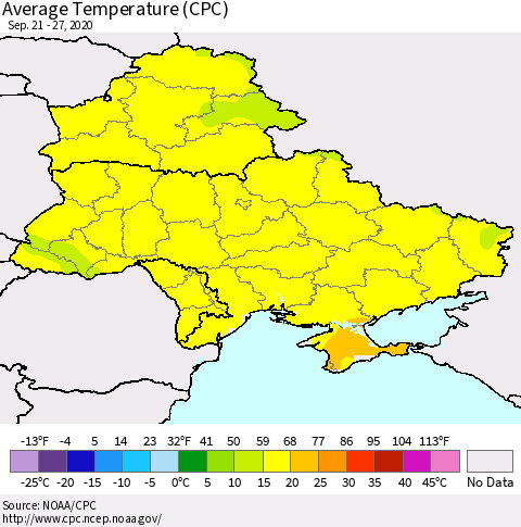 Ukraine, Moldova and Belarus Average Temperature (CPC) Thematic Map For 9/21/2020 - 9/27/2020