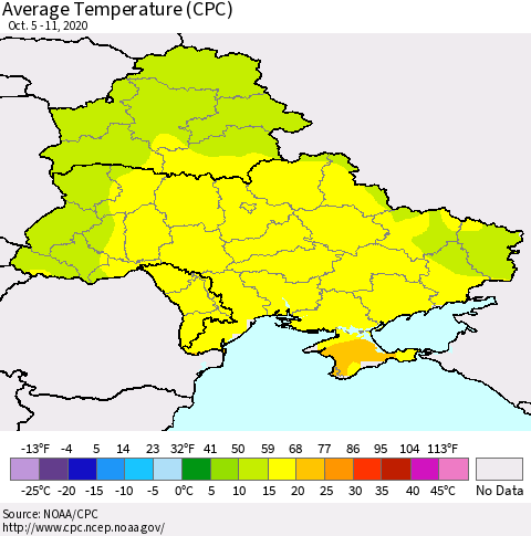 Ukraine, Moldova and Belarus Average Temperature (CPC) Thematic Map For 10/5/2020 - 10/11/2020