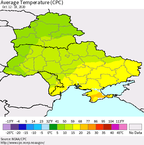 Ukraine, Moldova and Belarus Average Temperature (CPC) Thematic Map For 10/12/2020 - 10/18/2020