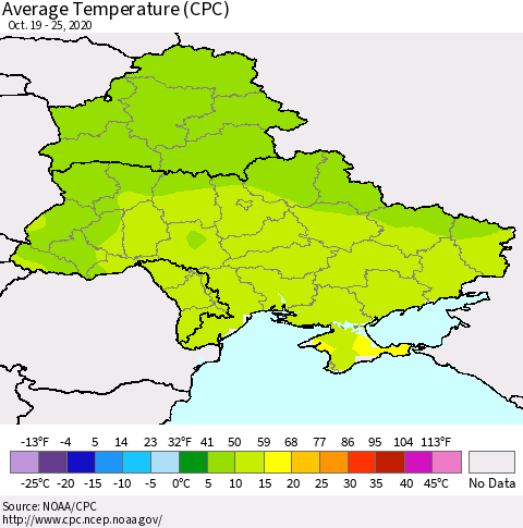 Ukraine, Moldova and Belarus Average Temperature (CPC) Thematic Map For 10/19/2020 - 10/25/2020