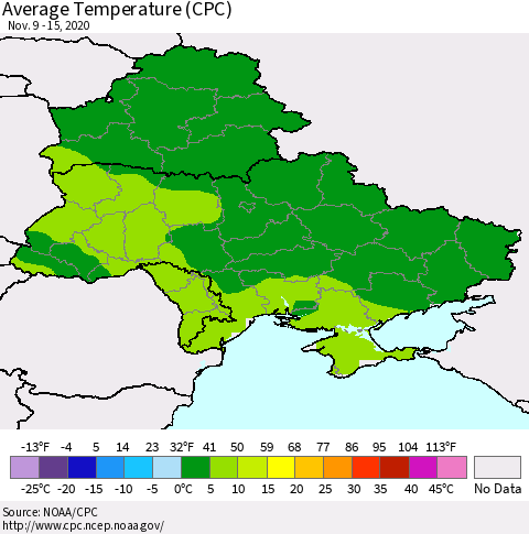 Ukraine, Moldova and Belarus Average Temperature (CPC) Thematic Map For 11/9/2020 - 11/15/2020