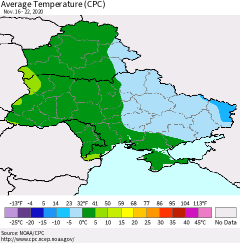 Ukraine, Moldova and Belarus Average Temperature (CPC) Thematic Map For 11/16/2020 - 11/22/2020