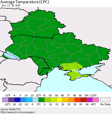 Ukraine, Moldova and Belarus Average Temperature (CPC) Thematic Map For 11/23/2020 - 11/29/2020