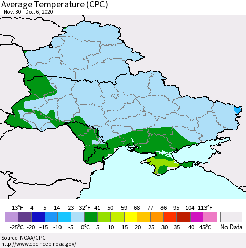 Ukraine, Moldova and Belarus Average Temperature (CPC) Thematic Map For 11/30/2020 - 12/6/2020