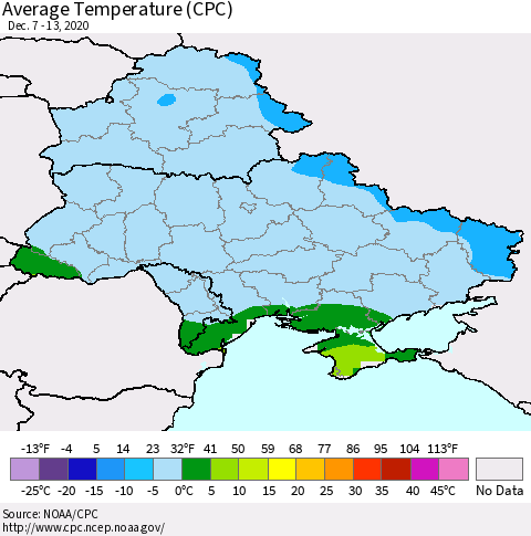 Ukraine, Moldova and Belarus Average Temperature (CPC) Thematic Map For 12/7/2020 - 12/13/2020
