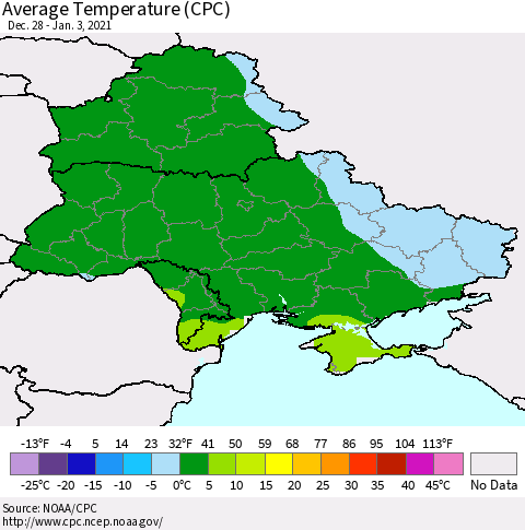 Ukraine, Moldova and Belarus Average Temperature (CPC) Thematic Map For 12/28/2020 - 1/3/2021