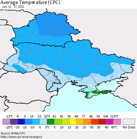 Ukraine, Moldova and Belarus Average Temperature (CPC) Thematic Map For 1/11/2021 - 1/17/2021