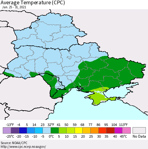 Ukraine, Moldova and Belarus Average Temperature (CPC) Thematic Map For 1/25/2021 - 1/31/2021