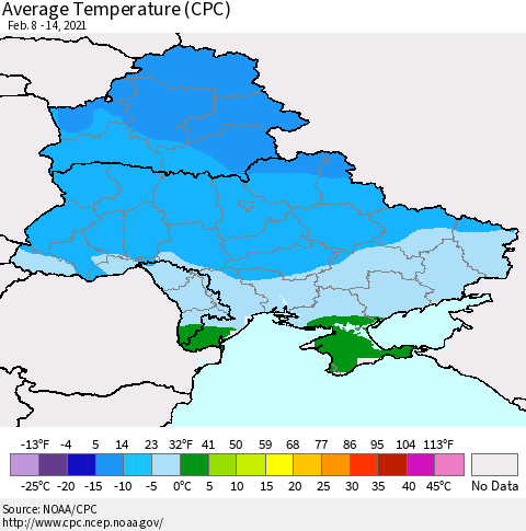 Ukraine, Moldova and Belarus Average Temperature (CPC) Thematic Map For 2/8/2021 - 2/14/2021