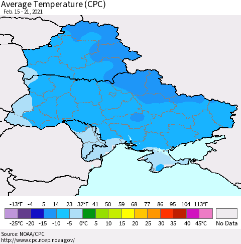 Ukraine, Moldova and Belarus Average Temperature (CPC) Thematic Map For 2/15/2021 - 2/21/2021