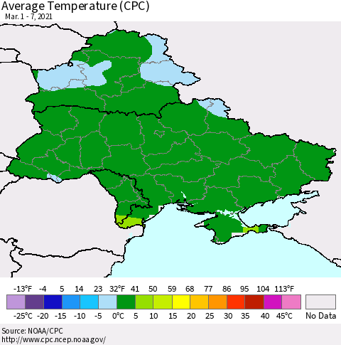 Ukraine, Moldova and Belarus Average Temperature (CPC) Thematic Map For 3/1/2021 - 3/7/2021