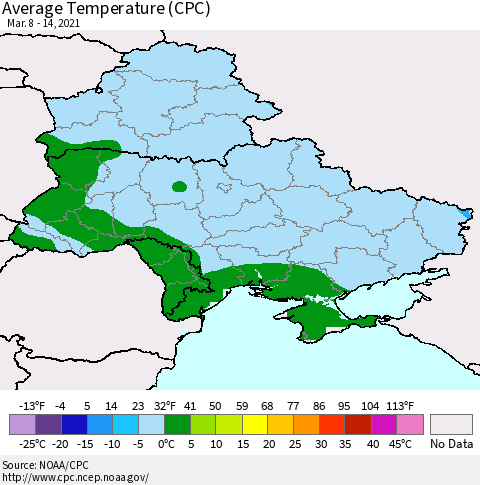 Ukraine, Moldova and Belarus Average Temperature (CPC) Thematic Map For 3/8/2021 - 3/14/2021
